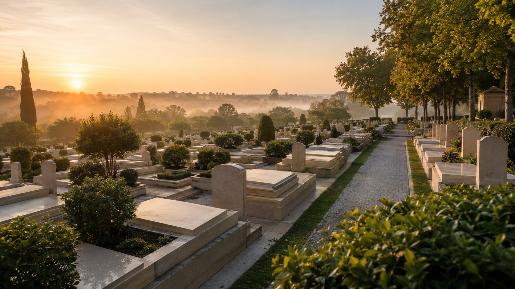 Allée d'un cimetière à l'aube
