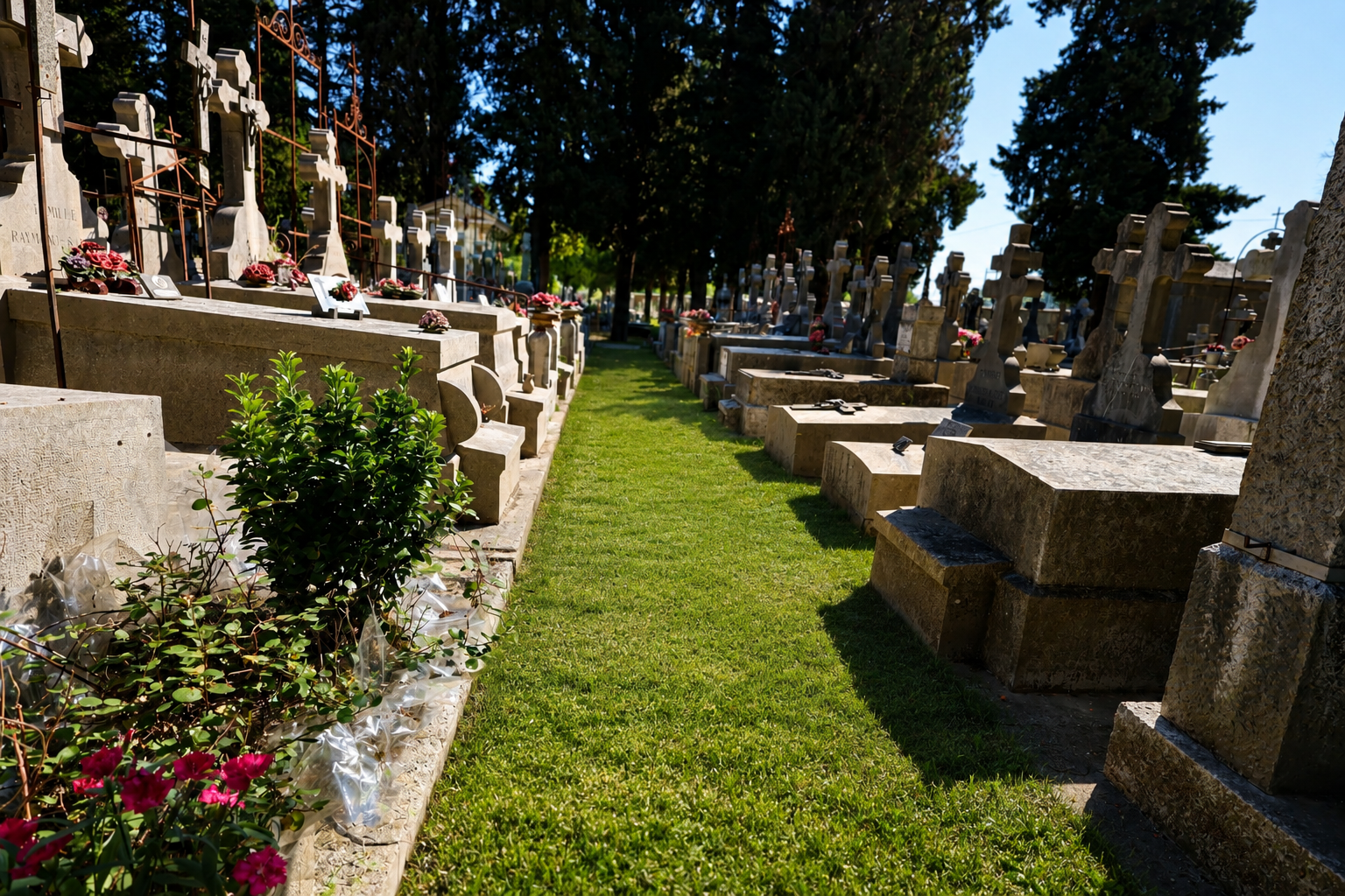 cilmetiere saint lazare Mpt Sépulture en pierre claire dans un cimetière calme, fin d'après-midi